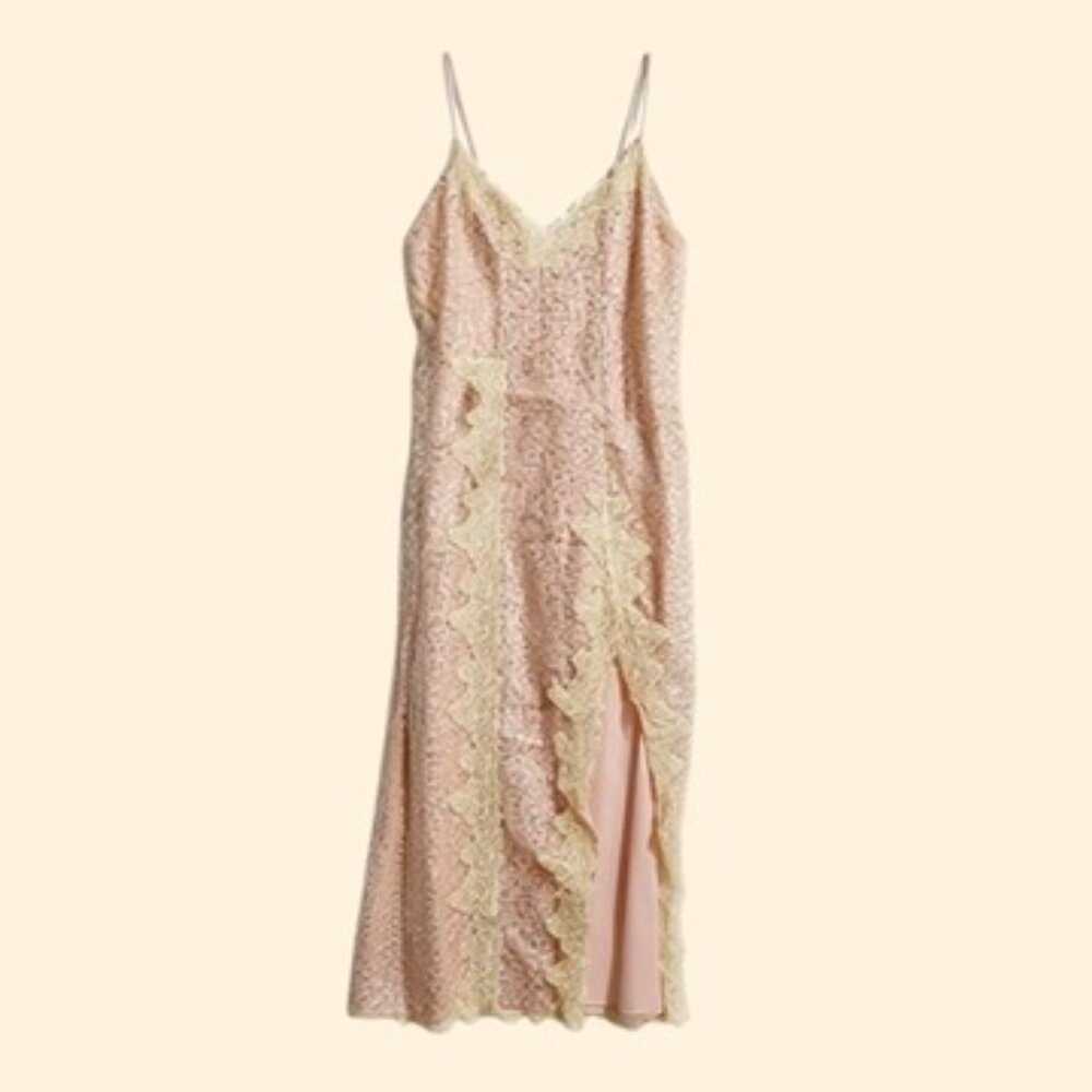 EUC En Elly Anthropologie Pink Sequined Slip Dress w/Cream Lace Trim Size S - Picture 6 of 10